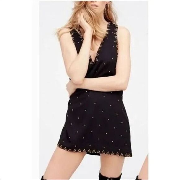 Free People black mini gold beaded dress - 0 - Picture 1 of 11